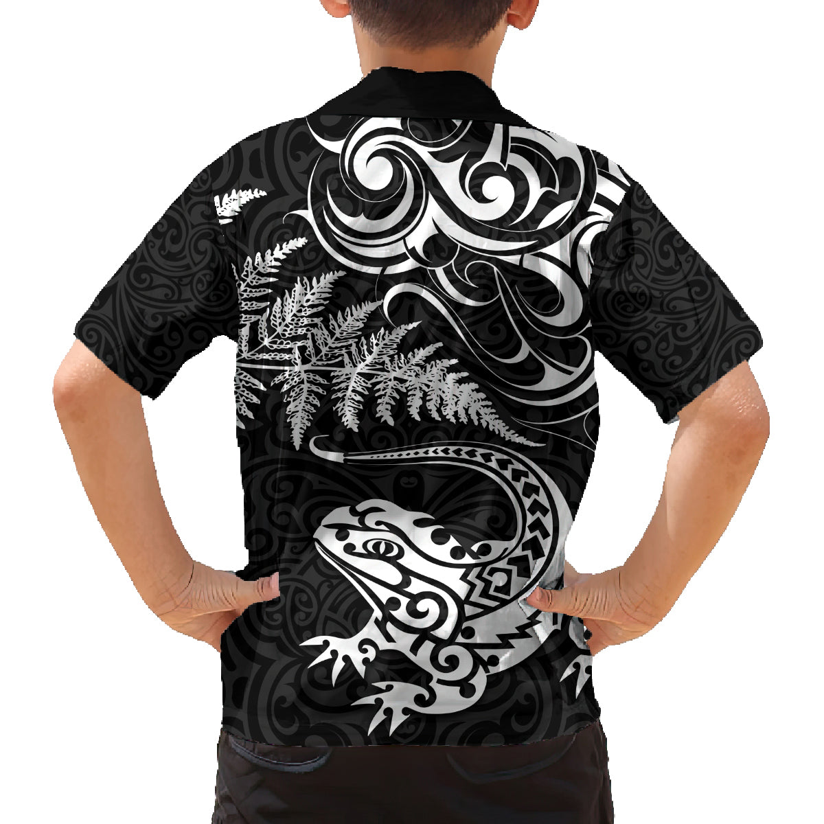 New Zealand Tuatara Tribal Tattoo Family Matching Off Shoulder Short Dress and Hawaiian Shirt Silver Fern and Maori Pattern Black Color LT03 - Polynesian Pride