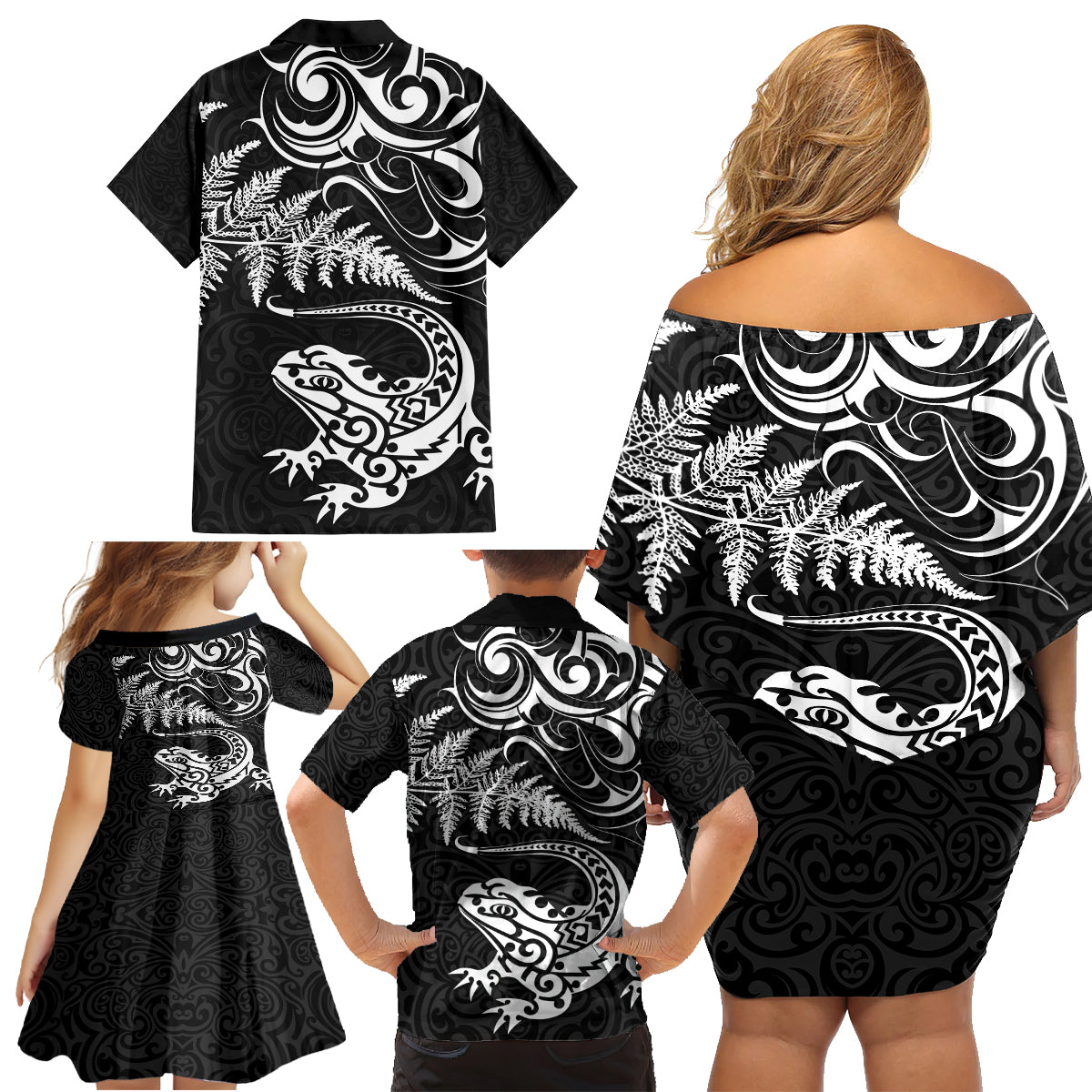 New Zealand Tuatara Tribal Tattoo Family Matching Off Shoulder Short Dress and Hawaiian Shirt Silver Fern and Maori Pattern Black Color LT03 - Polynesian Pride
