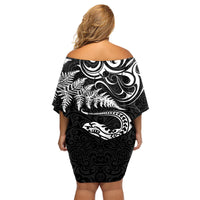 New Zealand Tuatara Tribal Tattoo Family Matching Off Shoulder Short Dress and Hawaiian Shirt Silver Fern and Maori Pattern Black Color LT03 - Polynesian Pride