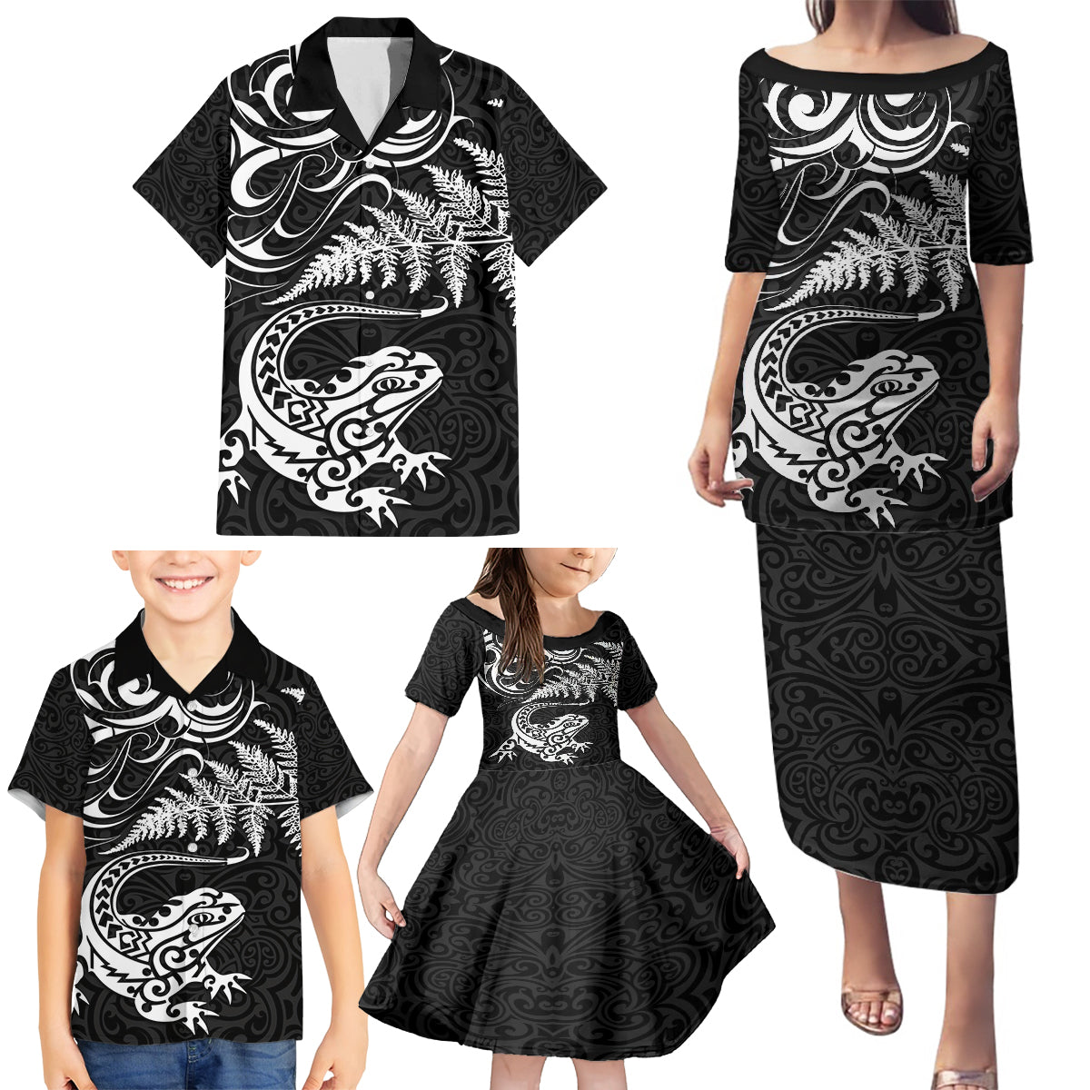 New Zealand Tuatara Tribal Tattoo Family Matching Puletasi and Hawaiian Shirt Silver Fern and Maori Pattern Black Color LT03 - Polynesian Pride