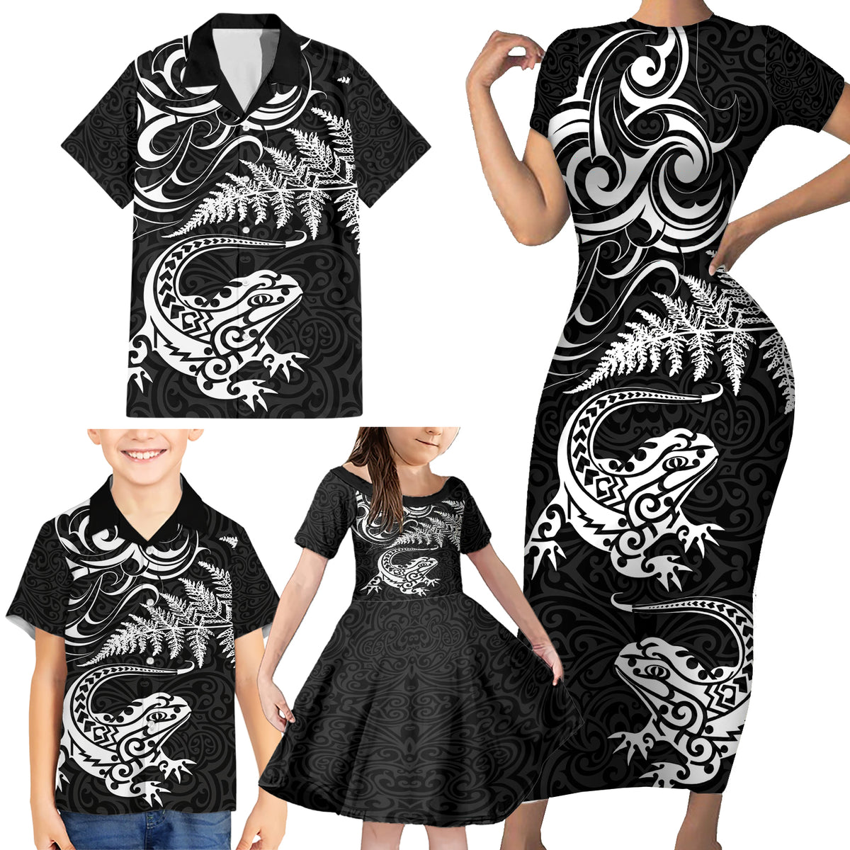 New Zealand Tuatara Tribal Tattoo Family Matching Short Sleeve Bodycon Dress and Hawaiian Shirt Silver Fern and Maori Pattern Black Color LT03 - Polynesian Pride