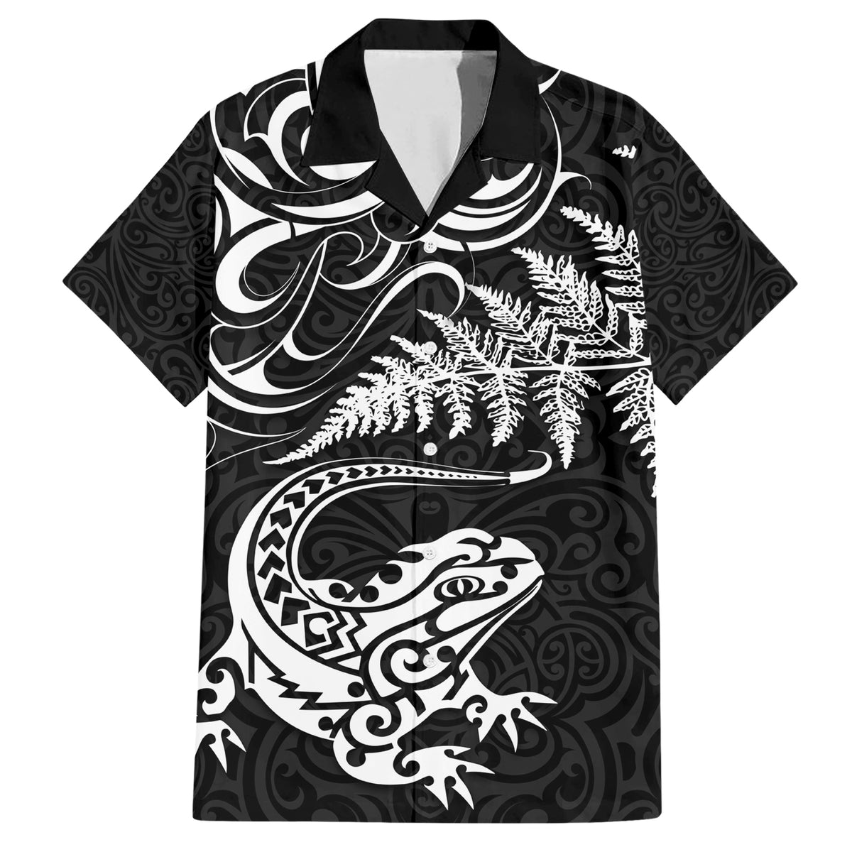 New Zealand Tuatara Tribal Tattoo Family Matching Short Sleeve Bodycon Dress and Hawaiian Shirt Silver Fern and Maori Pattern Black Color LT03 Dad's Shirt - Short Sleeve Black - Polynesian Pride