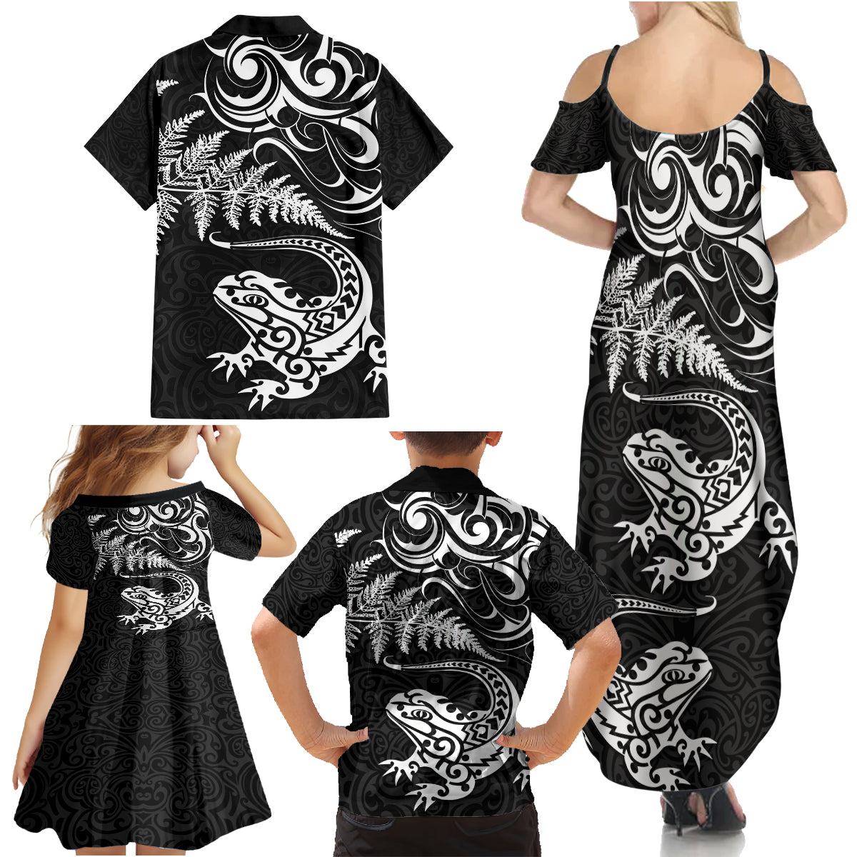 New Zealand Tuatara Tribal Tattoo Family Matching Summer Maxi Dress and Hawaiian Shirt Silver Fern and Maori Pattern Black Color LT03 - Polynesian Pride