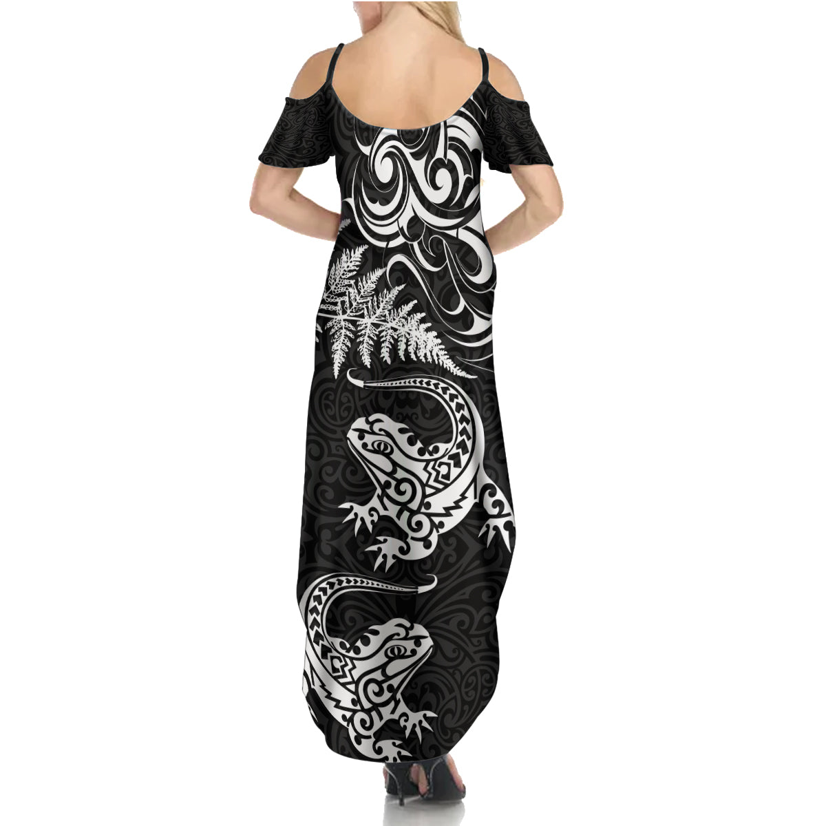 New Zealand Tuatara Tribal Tattoo Family Matching Summer Maxi Dress and Hawaiian Shirt Silver Fern and Maori Pattern Black Color LT03 - Polynesian Pride