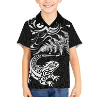 New Zealand Tuatara Tribal Tattoo Family Matching Summer Maxi Dress and Hawaiian Shirt Silver Fern and Maori Pattern Black Color LT03 Son's Shirt Black - Polynesian Pride