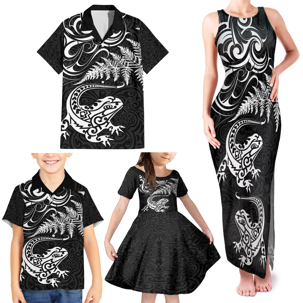 New Zealand Tuatara Tribal Tattoo Family Matching Tank Maxi Dress and Hawaiian Shirt Silver Fern and Maori Pattern Black Color LT03 - Polynesian Pride