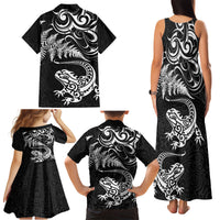 New Zealand Tuatara Tribal Tattoo Family Matching Tank Maxi Dress and Hawaiian Shirt Silver Fern and Maori Pattern Black Color LT03 - Polynesian Pride