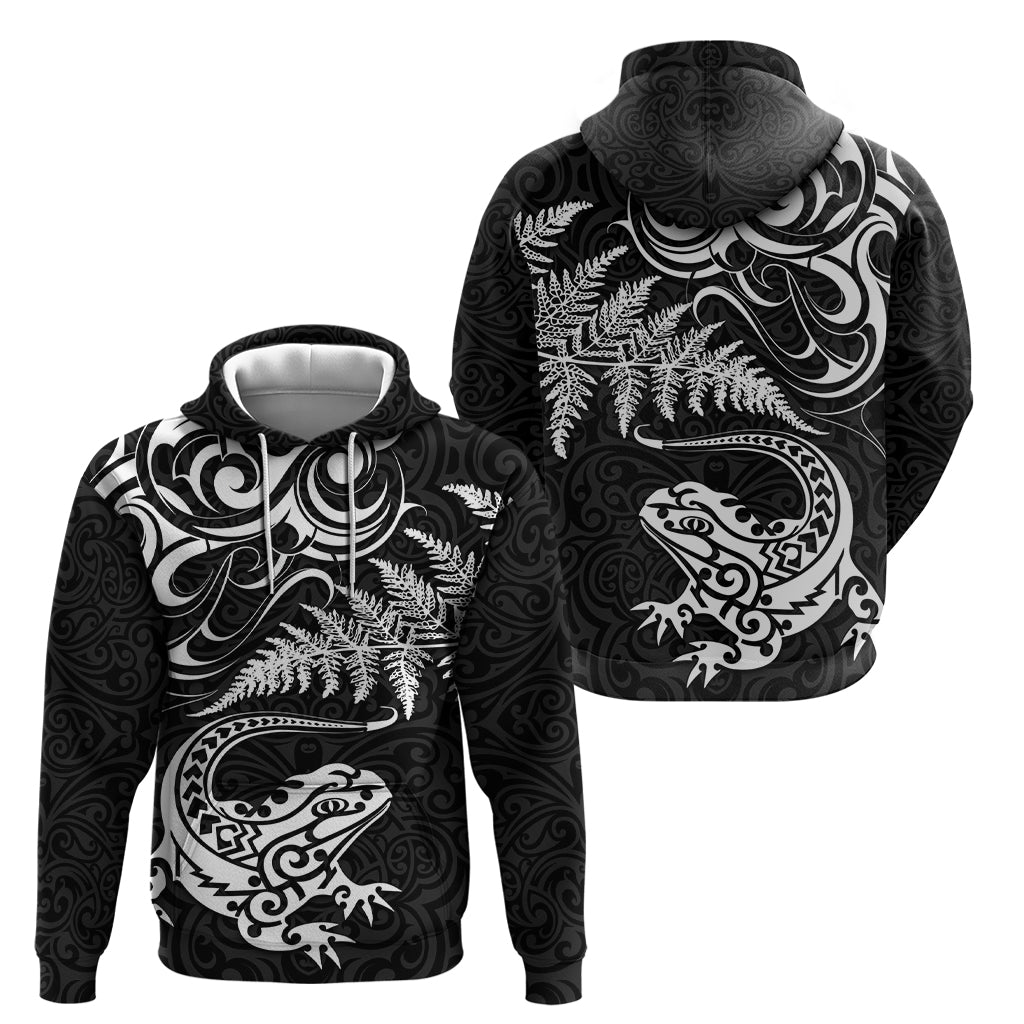 New Zealand Tuatara Tribal Tattoo Hoodie Silver Fern and Maori Pattern Black Color LT03 - Polynesian Pride