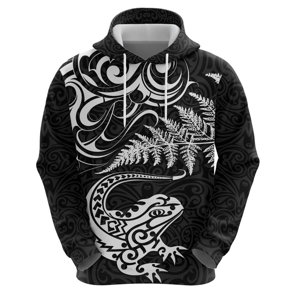 New Zealand Tuatara Tribal Tattoo Hoodie Silver Fern and Maori Pattern Black Color LT03 - Polynesian Pride