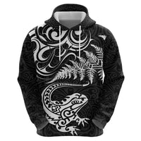 New Zealand Tuatara Tribal Tattoo Hoodie Silver Fern and Maori Pattern Black Color LT03 - Polynesian Pride