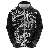 New Zealand Tuatara Tribal Tattoo Hoodie Silver Fern and Maori Pattern Black Color LT03 - Polynesian Pride