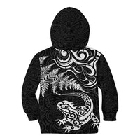 New Zealand Tuatara Tribal Tattoo Kid Hoodie Silver Fern and Maori Pattern Black Color LT03 - Polynesian Pride