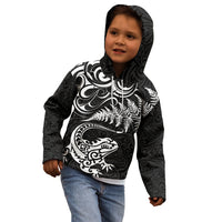 New Zealand Tuatara Tribal Tattoo Kid Hoodie Silver Fern and Maori Pattern Black Color LT03 - Polynesian Pride