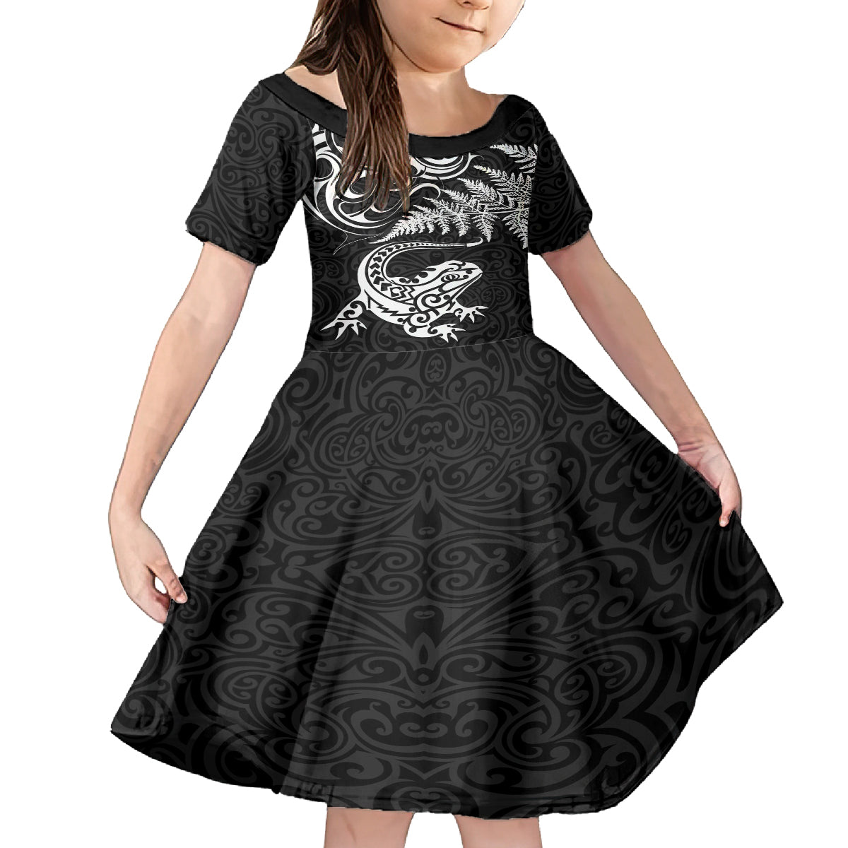 New Zealand Tuatara Tribal Tattoo Kid Short Sleeve Dress Silver Fern and Maori Pattern Black Color LT03 KID Black - Polynesian Pride