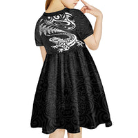 New Zealand Tuatara Tribal Tattoo Kid Short Sleeve Dress Silver Fern and Maori Pattern Black Color LT03 - Polynesian Pride