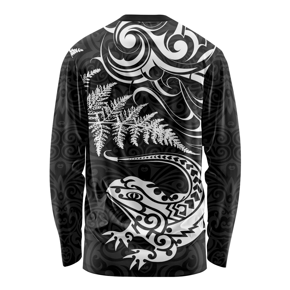 New Zealand Tuatara Tribal Tattoo Long Sleeve Shirt Silver Fern and Maori Pattern Black Color LT03 - Polynesian Pride