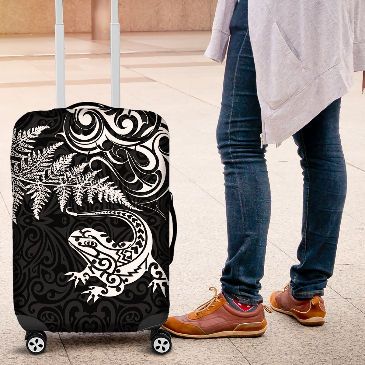 New Zealand Tuatara Tribal Tattoo Luggage Cover Silver Fern and Maori Pattern Black Color LT03 Black - Polynesian Pride