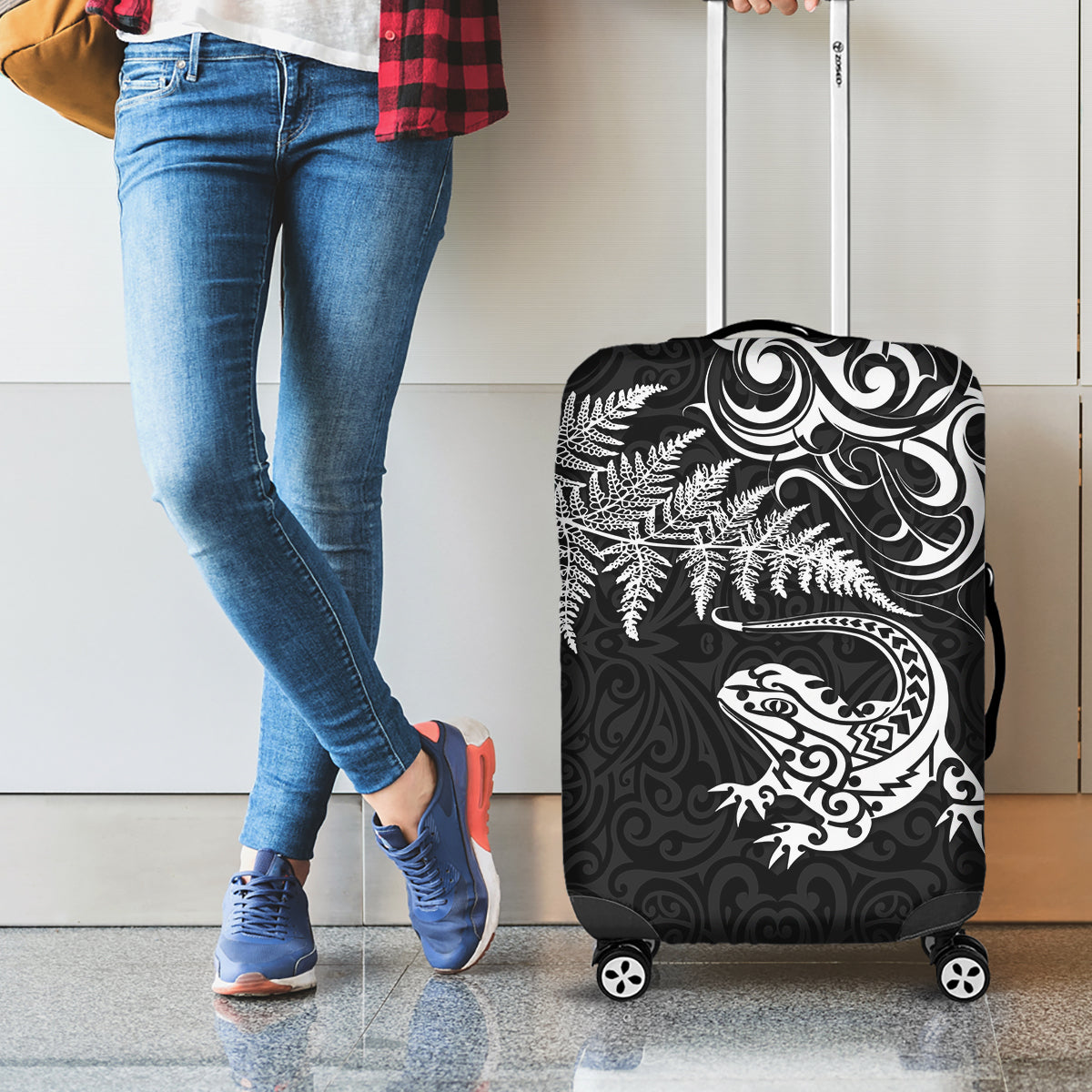 New Zealand Tuatara Tribal Tattoo Luggage Cover Silver Fern and Maori Pattern Black Color LT03 - Polynesian Pride