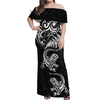 New Zealand Tuatara Tribal Tattoo Off Shoulder Maxi Dress Silver Fern and Maori Pattern Black Color LT03 Women Black - Polynesian Pride