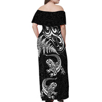 New Zealand Tuatara Tribal Tattoo Off Shoulder Maxi Dress Silver Fern and Maori Pattern Black Color LT03 - Polynesian Pride