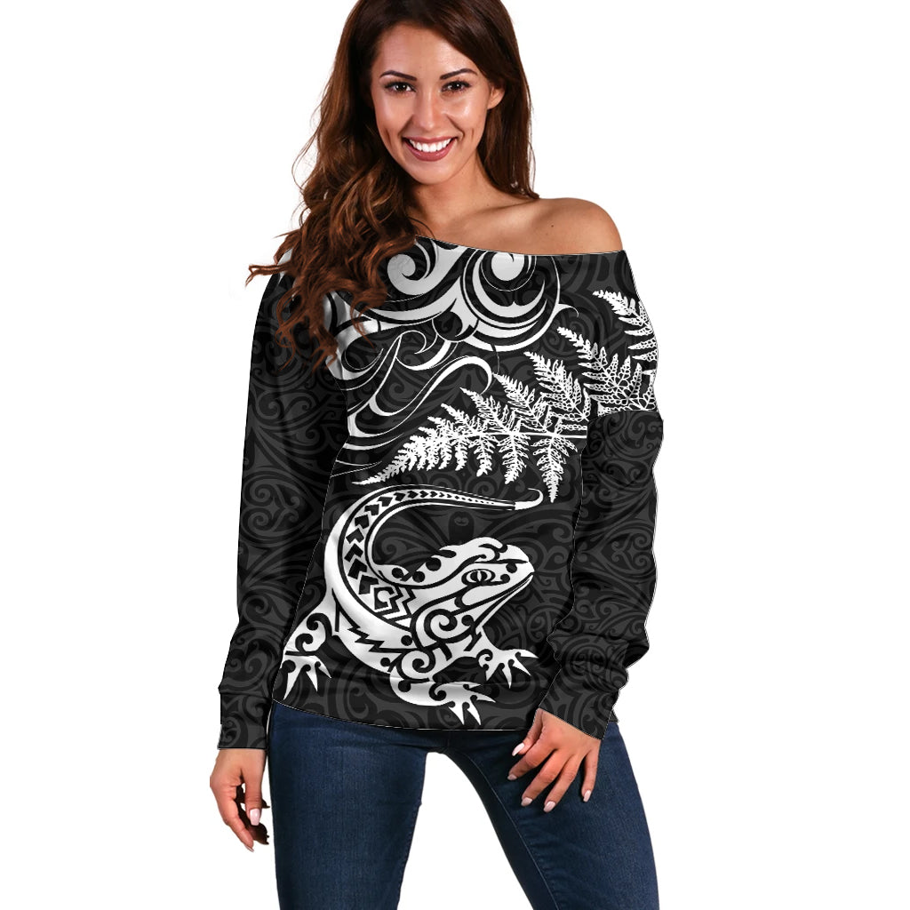 New Zealand Tuatara Tribal Tattoo Off Shoulder Sweater Silver Fern and Maori Pattern Black Color LT03 Women Black - Polynesian Pride