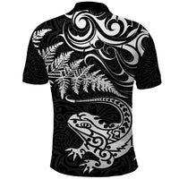 New Zealand Tuatara Tribal Tattoo Polo Shirt Silver Fern and Maori Pattern Black Color