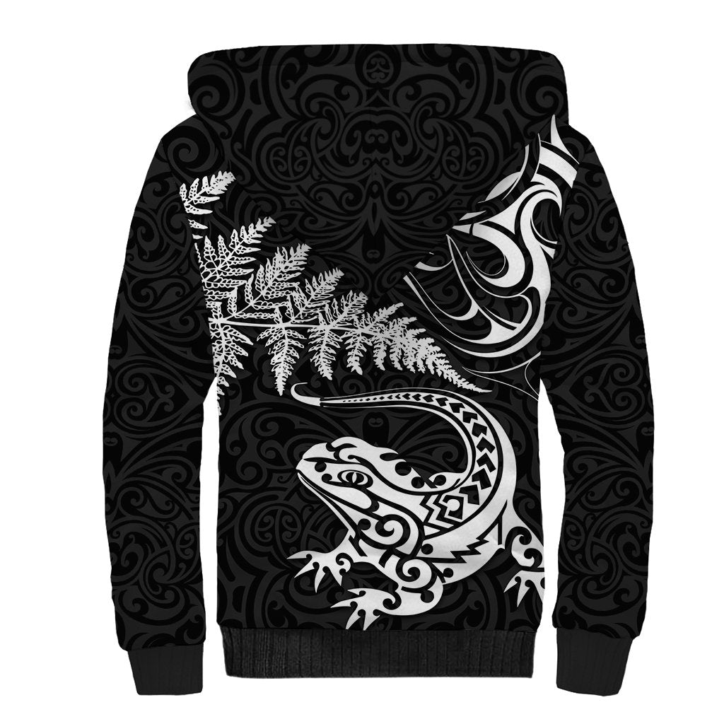 New Zealand Tuatara Tribal Tattoo Sherpa Hoodie Silver Fern and Maori Pattern Black Color LT03 - Polynesian Pride