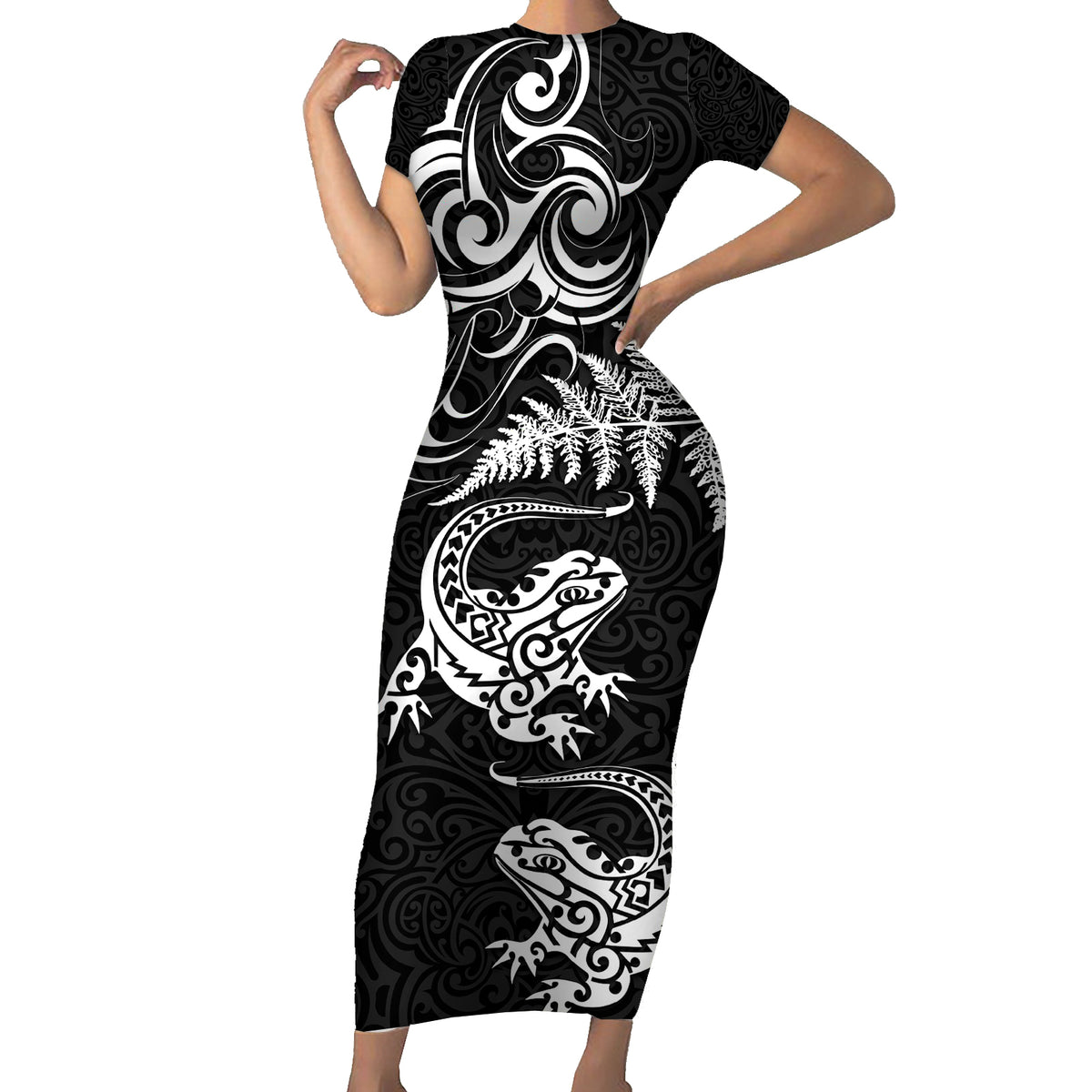 New Zealand Tuatara Tribal Tattoo Short Sleeve Bodycon Dress Silver Fern and Maori Pattern Black Color LT03 Long Dress Black - Polynesian Pride