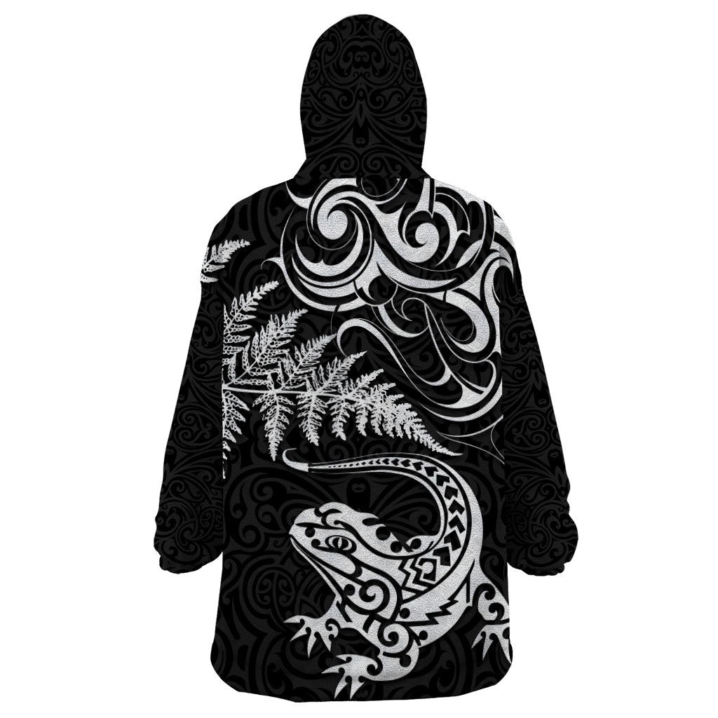 New Zealand Tuatara Tribal Tattoo Wearable Blanket Hoodie Silver Fern and Maori Pattern Black Color LT03 - Polynesian Pride