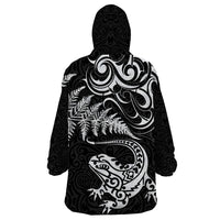 New Zealand Tuatara Tribal Tattoo Wearable Blanket Hoodie Silver Fern and Maori Pattern Black Color LT03 - Polynesian Pride