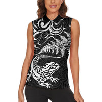New Zealand Tuatara Tribal Tattoo Women Sleeveless Polo Shirt Silver Fern and Maori Pattern Black Color