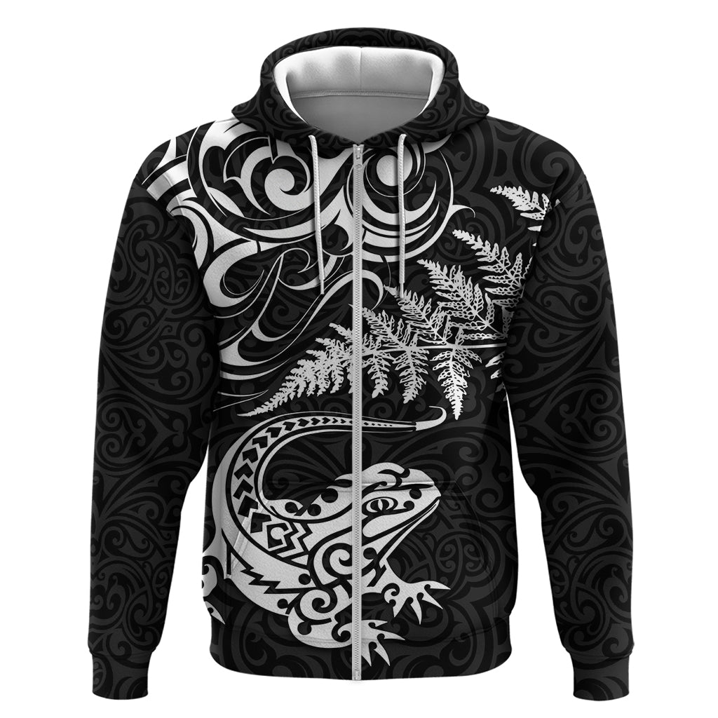 New Zealand Tuatara Tribal Tattoo Zip Hoodie Silver Fern and Maori Pattern Black Color LT03 Zip Hoodie Black - Polynesian Pride