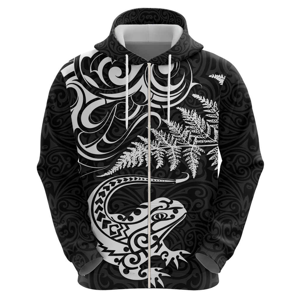 New Zealand Tuatara Tribal Tattoo Zip Hoodie Silver Fern and Maori Pattern Black Color LT03 - Polynesian Pride