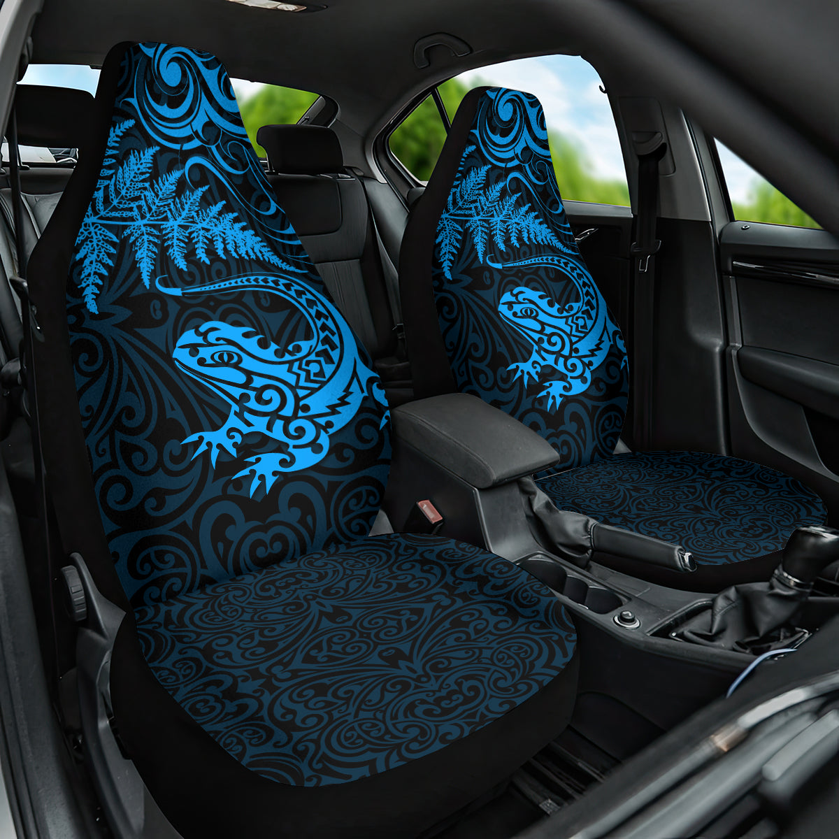 New Zealand Tuatara Tribal Tattoo Car Seat Cover Silver Fern and Maori Pattern Blue Color LT03 One Size Blue - Polynesian Pride