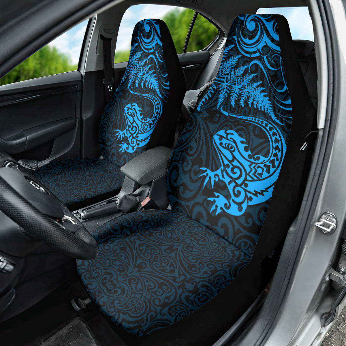 New Zealand Tuatara Tribal Tattoo Car Seat Cover Silver Fern and Maori Pattern Blue Color LT03 - Polynesian Pride