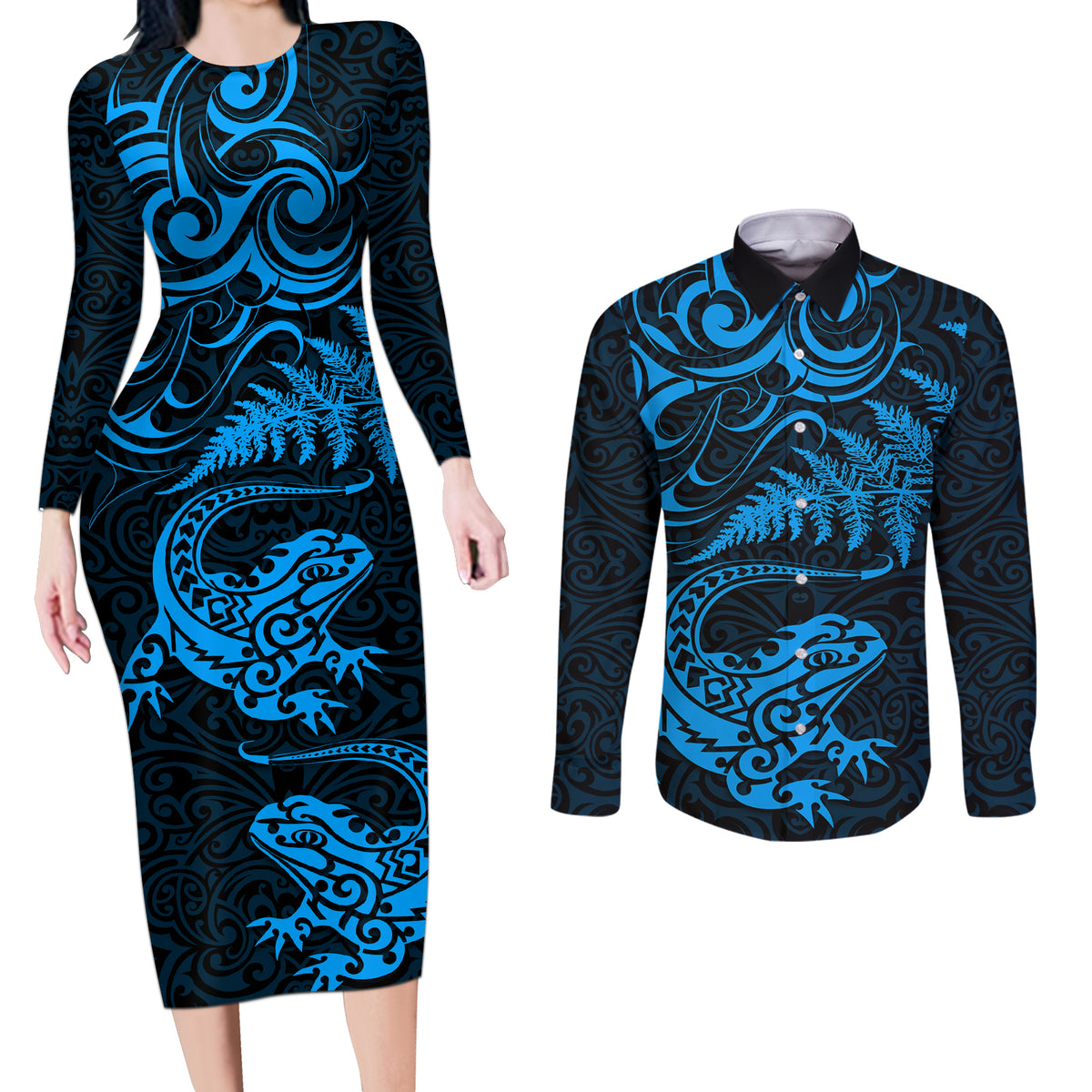 New Zealand Tuatara Tribal Tattoo Couples Matching Long Sleeve Bodycon Dress and Long Sleeve Button Shirt Silver Fern and Maori Pattern Blue Color LT03 Blue - Polynesian Pride