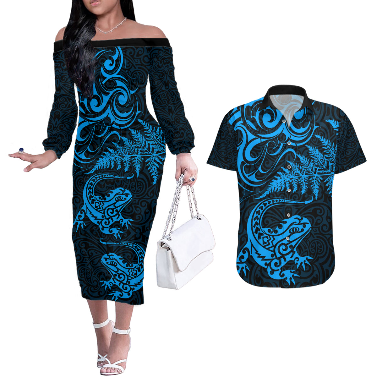 New Zealand Tuatara Tribal Tattoo Couples Matching Off The Shoulder Long Sleeve Dress and Hawaiian Shirt Silver Fern and Maori Pattern Blue Color LT03 Blue - Polynesian Pride