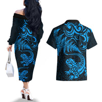 New Zealand Tuatara Tribal Tattoo Couples Matching Off The Shoulder Long Sleeve Dress and Hawaiian Shirt Silver Fern and Maori Pattern Blue Color LT03 - Polynesian Pride