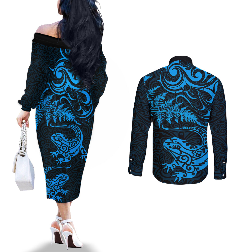 New Zealand Tuatara Tribal Tattoo Couples Matching Off The Shoulder Long Sleeve Dress and Long Sleeve Button Shirt Silver Fern and Maori Pattern Blue Color LT03 - Polynesian Pride