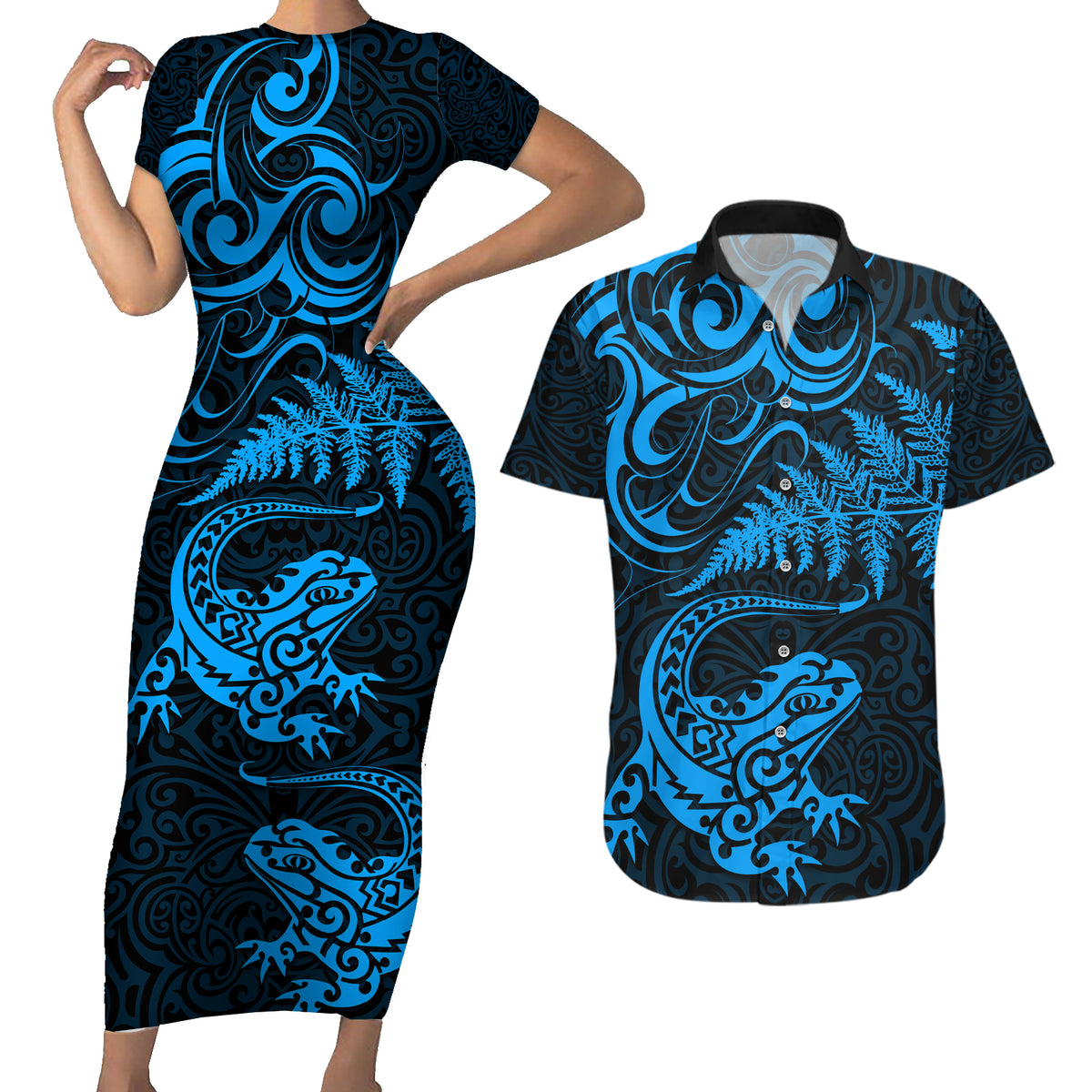 New Zealand Tuatara Tribal Tattoo Couples Matching Short Sleeve Bodycon Dress and Hawaiian Shirt Silver Fern and Maori Pattern Blue Color LT03 Blue - Polynesian Pride