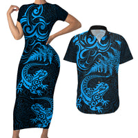 New Zealand Tuatara Tribal Tattoo Couples Matching Short Sleeve Bodycon Dress and Hawaiian Shirt Silver Fern and Maori Pattern Blue Color LT03 Blue - Polynesian Pride