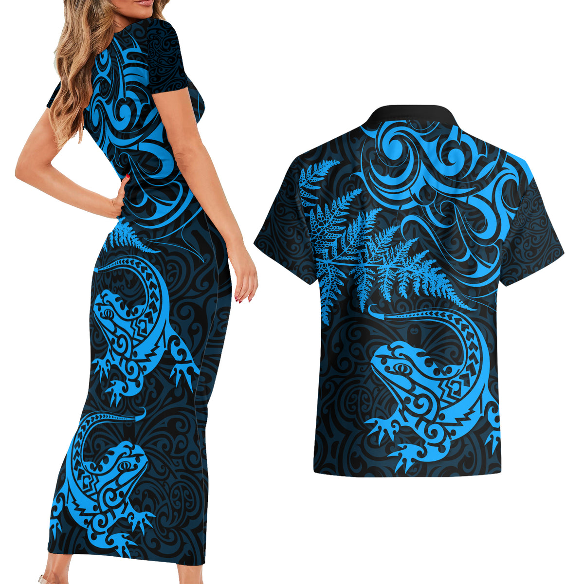 New Zealand Tuatara Tribal Tattoo Couples Matching Short Sleeve Bodycon Dress and Hawaiian Shirt Silver Fern and Maori Pattern Blue Color LT03 - Polynesian Pride