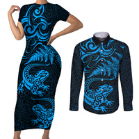 New Zealand Tuatara Tribal Tattoo Couples Matching Short Sleeve Bodycon Dress and Long Sleeve Button Shirt Silver Fern and Maori Pattern Blue Color LT03 Blue - Polynesian Pride