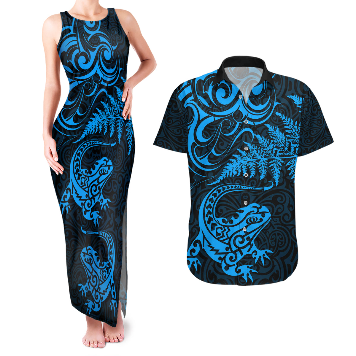 New Zealand Tuatara Tribal Tattoo Couples Matching Tank Maxi Dress and Hawaiian Shirt Silver Fern and Maori Pattern Blue Color LT03 Blue - Polynesian Pride
