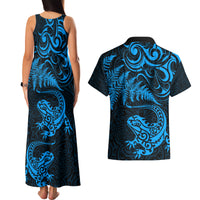 New Zealand Tuatara Tribal Tattoo Couples Matching Tank Maxi Dress and Hawaiian Shirt Silver Fern and Maori Pattern Blue Color LT03 - Polynesian Pride