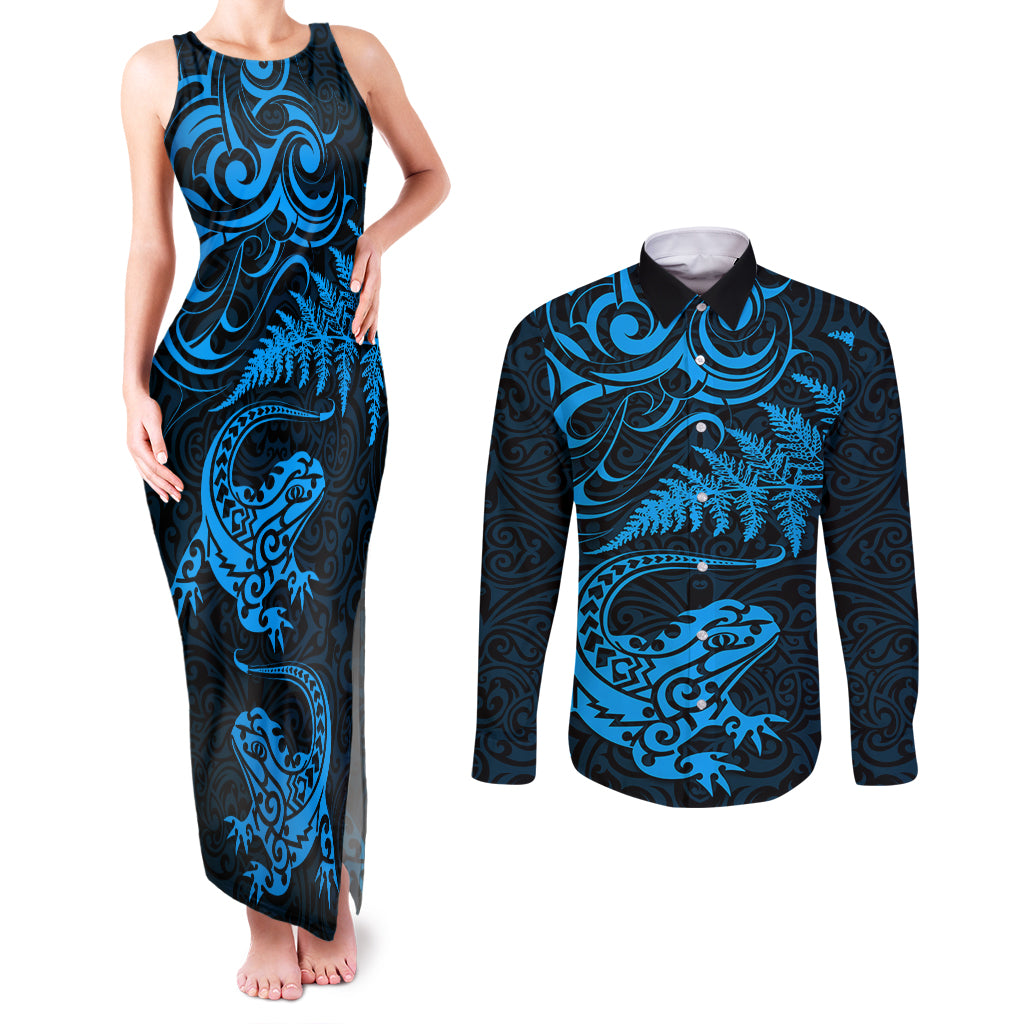 New Zealand Tuatara Tribal Tattoo Couples Matching Tank Maxi Dress and Long Sleeve Button Shirt Silver Fern and Maori Pattern Blue Color LT03 Blue - Polynesian Pride