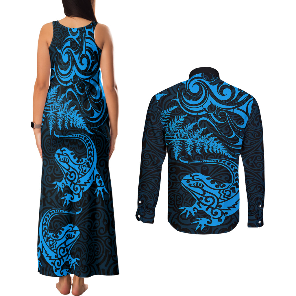 New Zealand Tuatara Tribal Tattoo Couples Matching Tank Maxi Dress and Long Sleeve Button Shirt Silver Fern and Maori Pattern Blue Color LT03 - Polynesian Pride