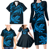 New Zealand Tuatara Tribal Tattoo Family Matching Long Sleeve Bodycon Dress and Hawaiian Shirt Silver Fern and Maori Pattern Blue Color LT03 - Polynesian Pride