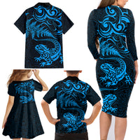 New Zealand Tuatara Tribal Tattoo Family Matching Long Sleeve Bodycon Dress and Hawaiian Shirt Silver Fern and Maori Pattern Blue Color LT03 - Polynesian Pride