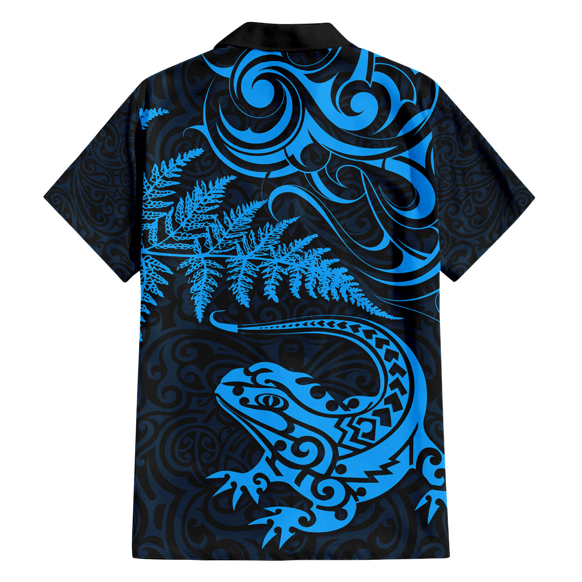New Zealand Tuatara Tribal Tattoo Family Matching Off The Shoulder Long Sleeve Dress and Hawaiian Shirt Silver Fern and Maori Pattern Blue Color LT03 - Polynesian Pride